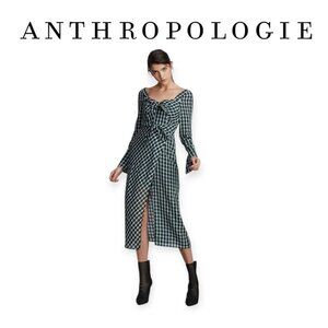 Anthropologie Plaid Midi Dress Evergreen White Faux Wrap Long Sleeve Size S NWT